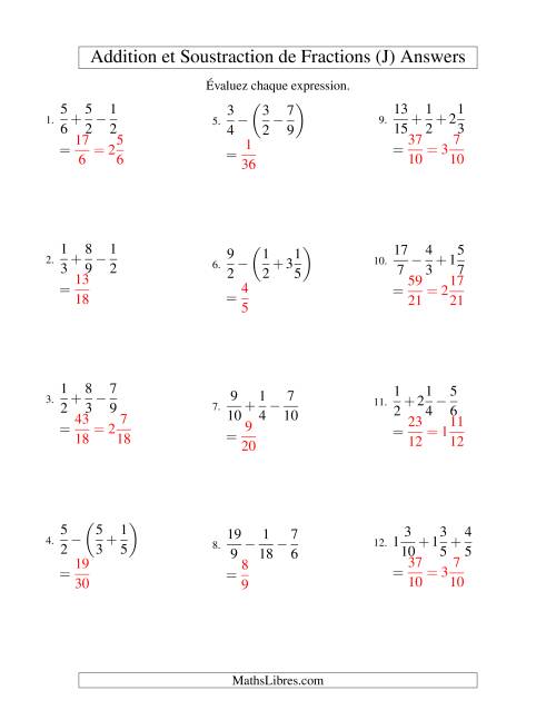 Addition et Soustraction de Trois Fractions (J) page 2
