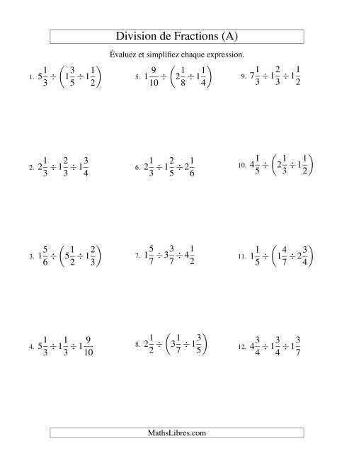 Division et Simplification de Fractions Mixtes - 3 fractions (A)