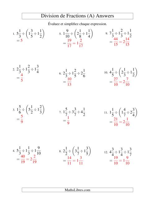 Division et Simplification de Fractions Mixtes - 3 fractions (A) page 2