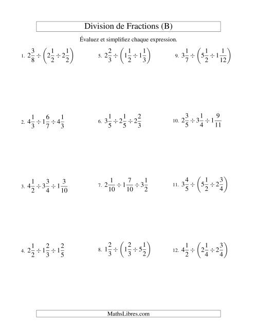 Division et Simplification de Fractions Mixtes - 3 fractions (B)