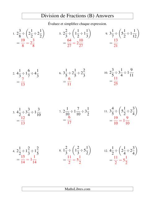 Division et Simplification de Fractions Mixtes - 3 fractions (B) page 2