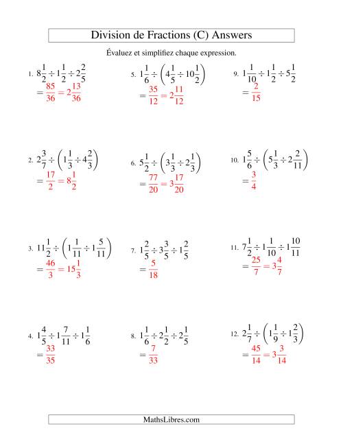 Division et Simplification de Fractions Mixtes - 3 fractions (C) page 2