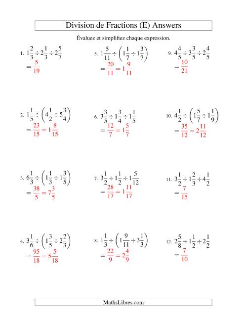 Division et Simplification de Fractions Mixtes - 3 fractions (E) page 2