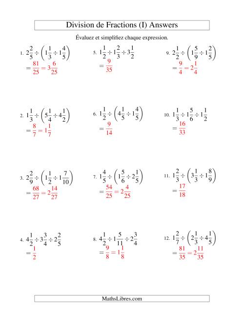 Division et Simplification de Fractions Mixtes - 3 fractions (I) page 2