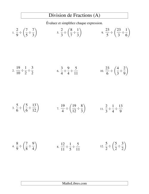 Division et Simplification de Fractions Impropres -- 3 fractions (A)