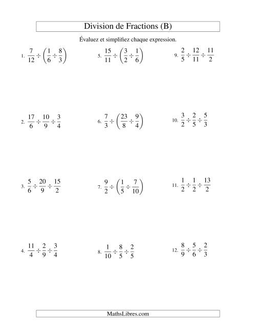 Division et Simplification de Fractions Impropres -- 3 fractions (B)