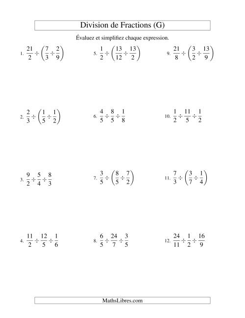 Division et Simplification de Fractions Impropres -- 3 fractions (G)