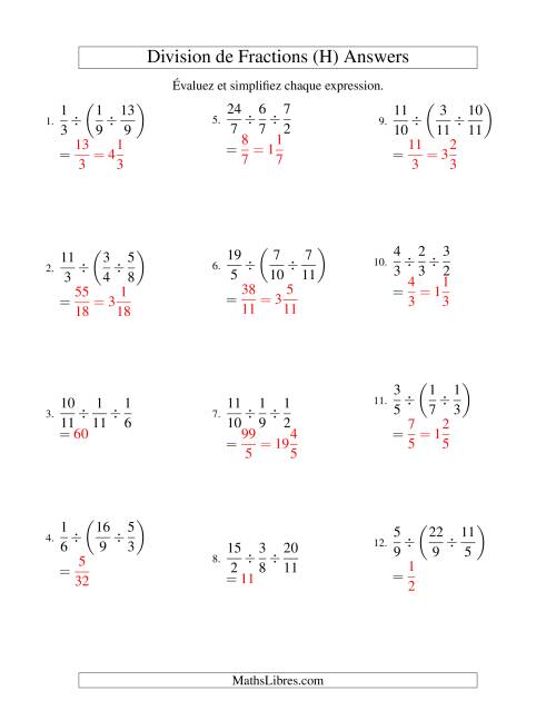 Division et Simplification de Fractions Impropres -- 3 fractions (H) page 2