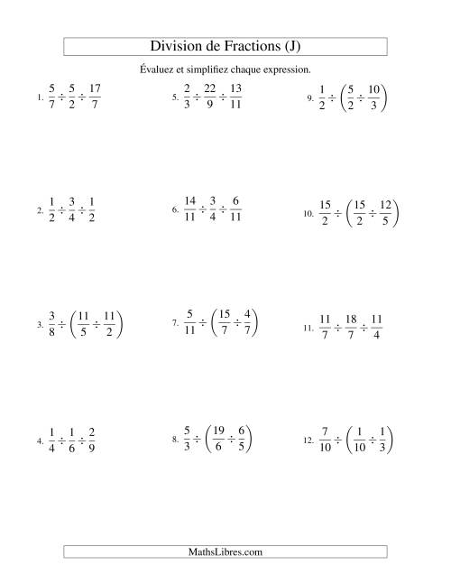 Division et Simplification de Fractions Impropres -- 3 fractions (J)
