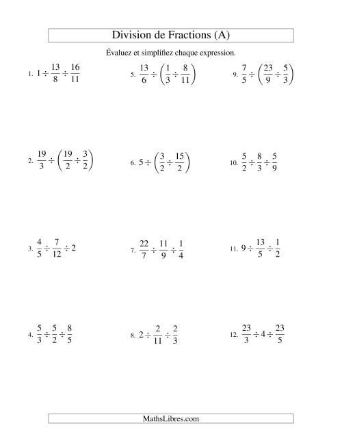 Division et Simplification de Fractions -- 3 fractions (A)
