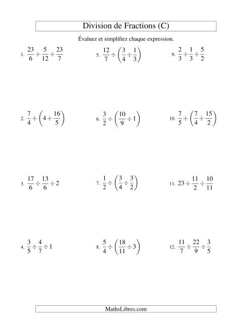 Division et Simplification de Fractions -- 3 fractions (C)