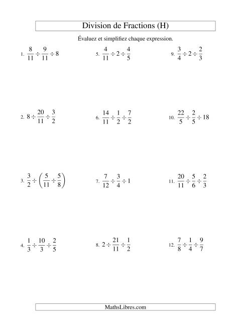 Division et Simplification de Fractions -- 3 fractions (H)