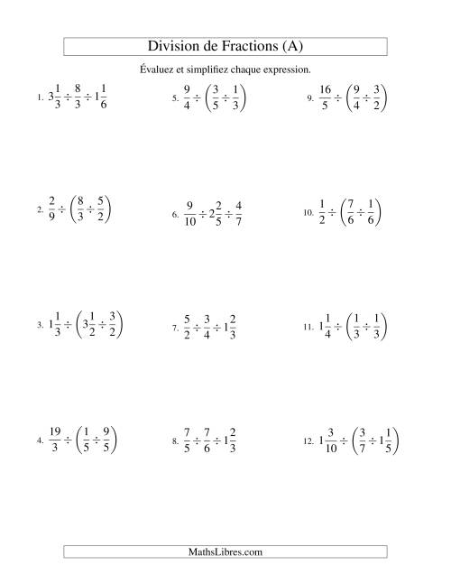Division et Simplification de Fractions Mixtes -- 3 fractions (A)