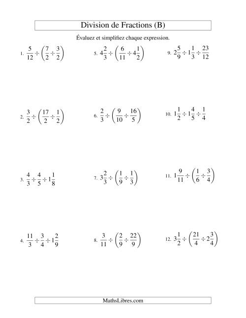 Division et Simplification de Fractions Mixtes -- 3 fractions (B)