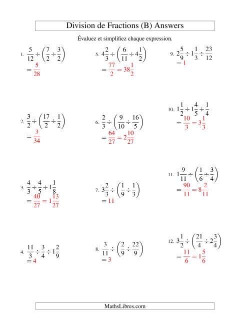 Division et Simplification de Fractions Mixtes -- 3 fractions (B) page 2