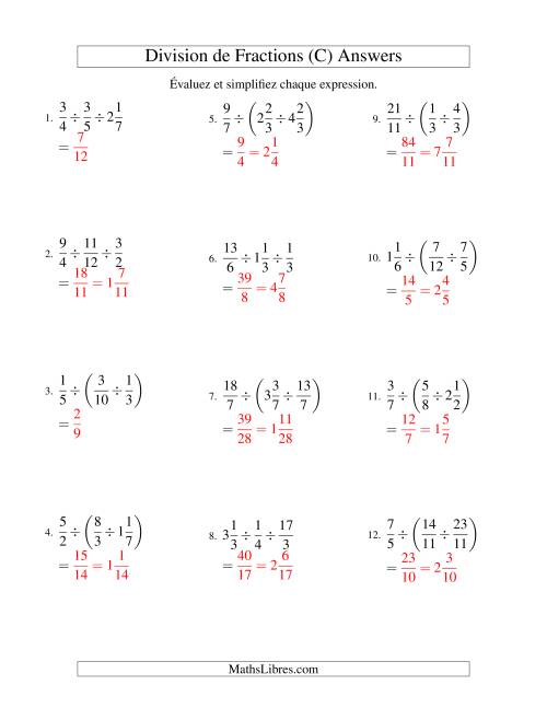 Division et Simplification de Fractions Mixtes -- 3 fractions (C) page 2