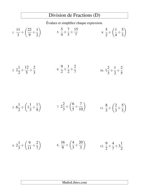 Division et Simplification de Fractions Mixtes -- 3 fractions (D)