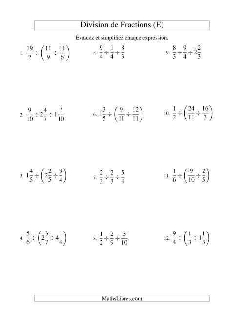 Division et Simplification de Fractions Mixtes -- 3 fractions (E)