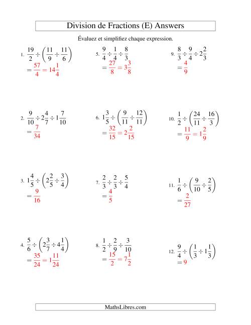 Division et Simplification de Fractions Mixtes -- 3 fractions (E) page 2