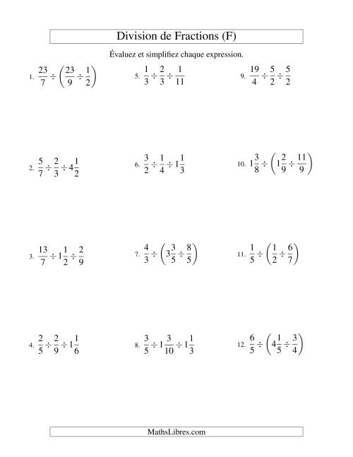 Division et Simplification de Fractions Mixtes -- 3 fractions (F)