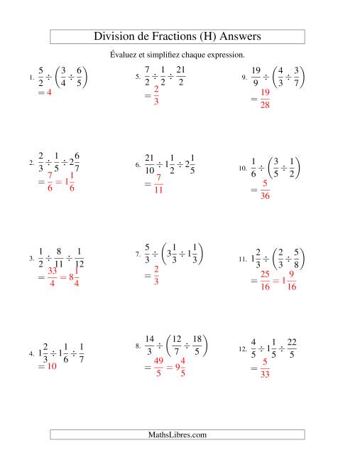 Division et Simplification de Fractions Mixtes -- 3 fractions (H) page 2