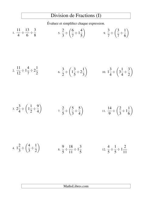 Division et Simplification de Fractions Mixtes -- 3 fractions (I)