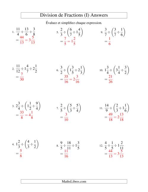 Division et Simplification de Fractions Mixtes -- 3 fractions (I) page 2