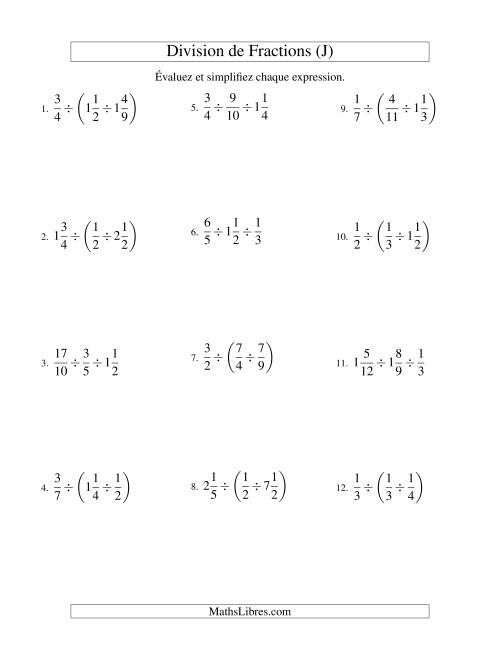 Division et Simplification de Fractions Mixtes -- 3 fractions (J)