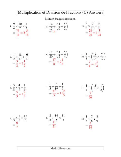 Multiplication et Division de Fractions -- 3 fractions (C) page 2