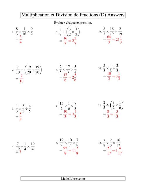 Multiplication et Division de Fractions -- 3 fractions (D) page 2