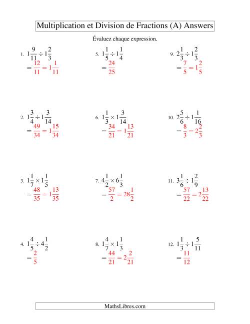 Multiplication et Division de Fractions Mixtes (A) page 2