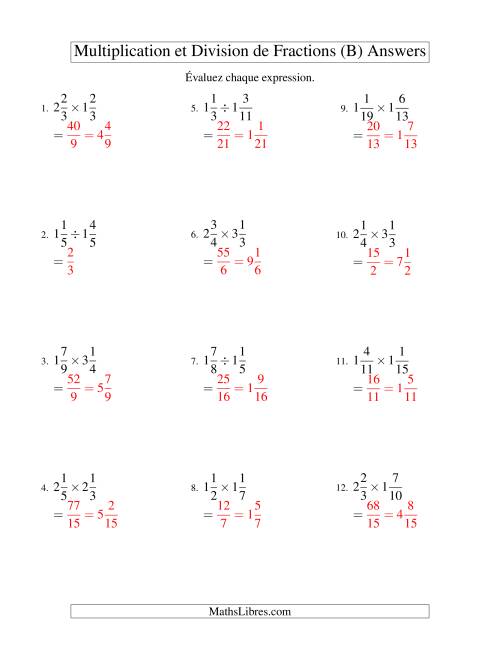 Multiplication et Division de Fractions Mixtes (B) page 2