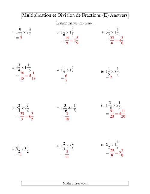 Multiplication et Division de Fractions Mixtes (E) page 2
