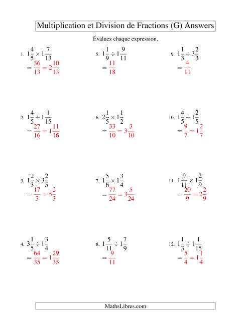 Multiplication et Division de Fractions Mixtes (G) page 2