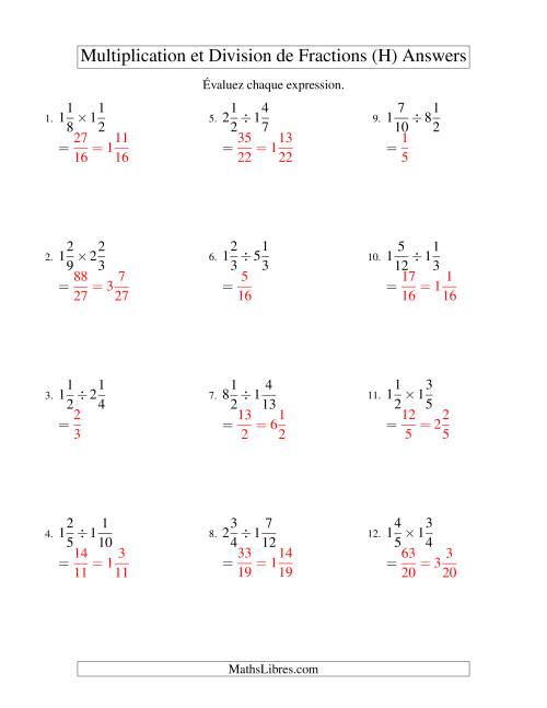 Multiplication et Division de Fractions Mixtes (H) page 2