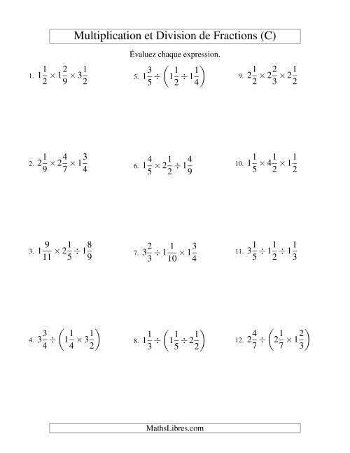 Multiplication et Division de Fractions Mixtes -- 3 fractions (C)