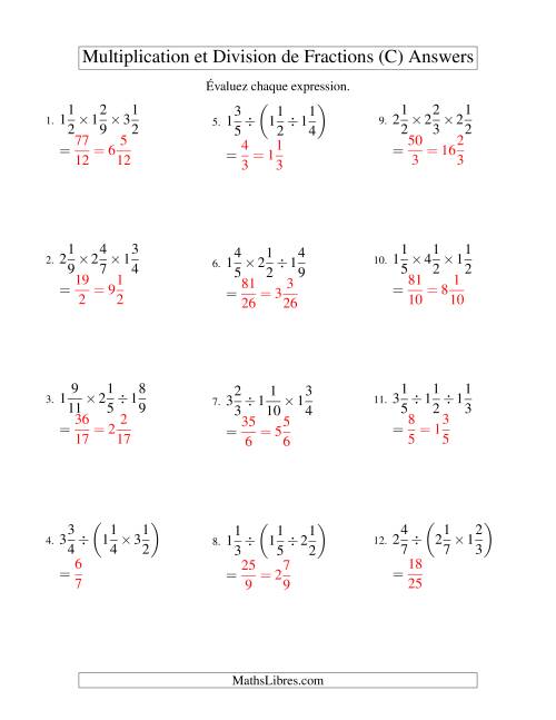 Multiplication et Division de Fractions Mixtes -- 3 fractions (C) page 2
