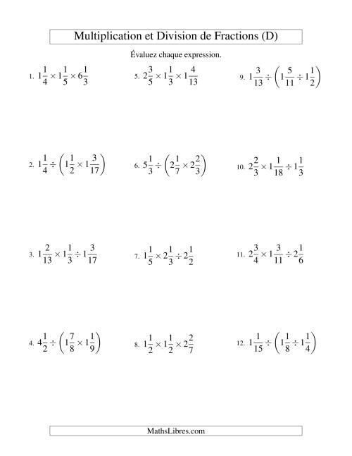 Multiplication et Division de Fractions Mixtes -- 3 fractions (D)