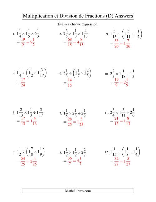 Multiplication et Division de Fractions Mixtes -- 3 fractions (D) page 2
