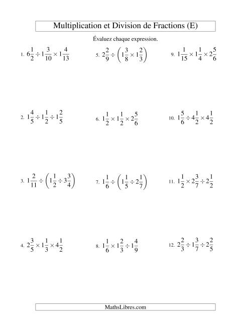 Multiplication et Division de Fractions Mixtes -- 3 fractions (E)