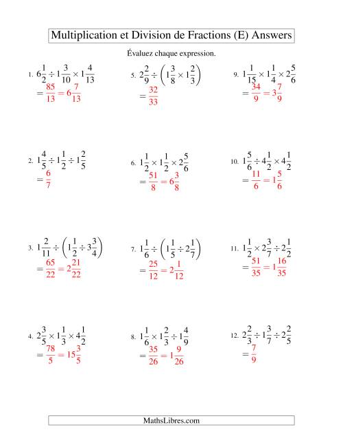 Multiplication et Division de Fractions Mixtes -- 3 fractions (E) page 2