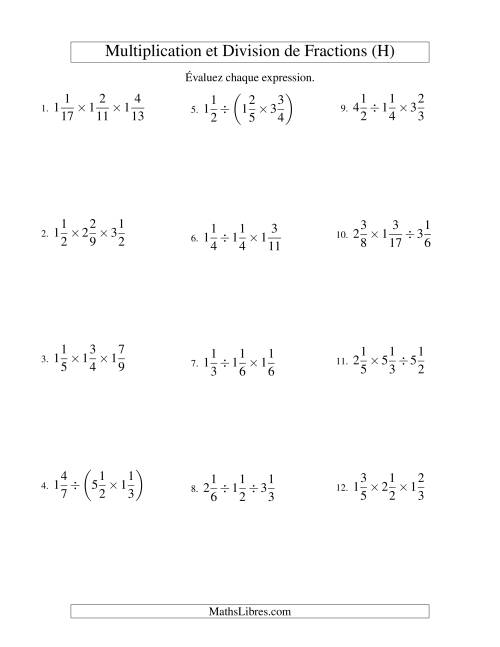 Multiplication et Division de Fractions Mixtes -- 3 fractions (H)