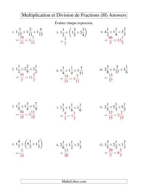 Multiplication et Division de Fractions Mixtes -- 3 fractions (H) page 2