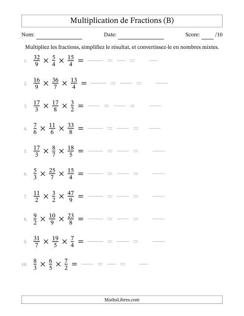 Multiplier trois fractions impropres (B)