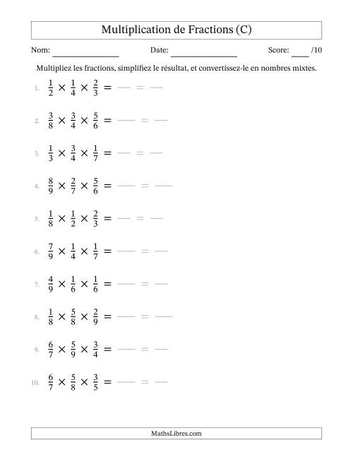 Multiplier trois fractions propres (C)