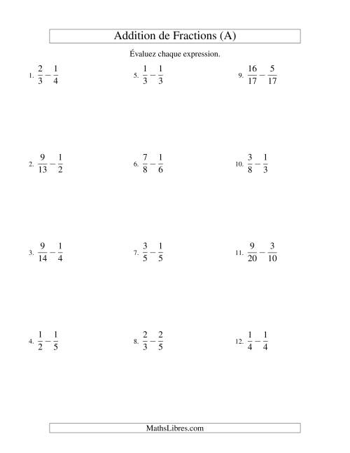 Soustraction de Fractions (Difficiles) (A)
