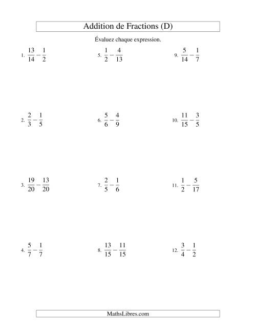 Soustraction de Fractions (Difficiles) (D)
