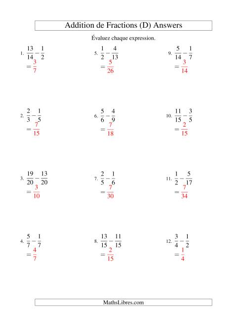 Soustraction de Fractions (Difficiles) (D) page 2