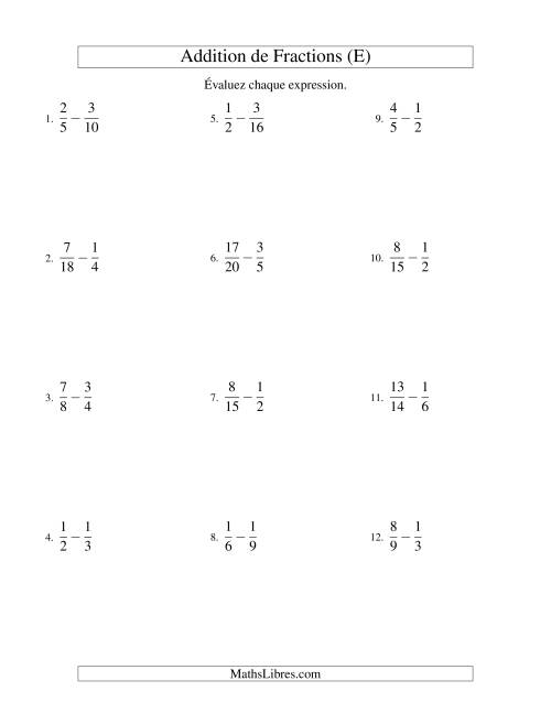 Soustraction de Fractions (Difficiles) (E)