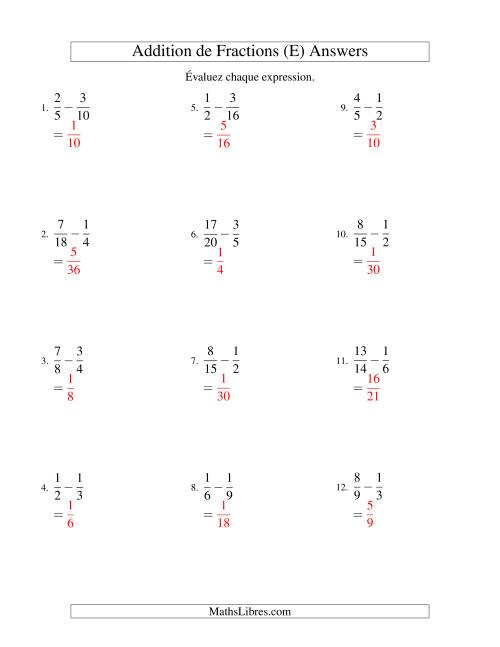 Soustraction de Fractions (Difficiles) (E) page 2